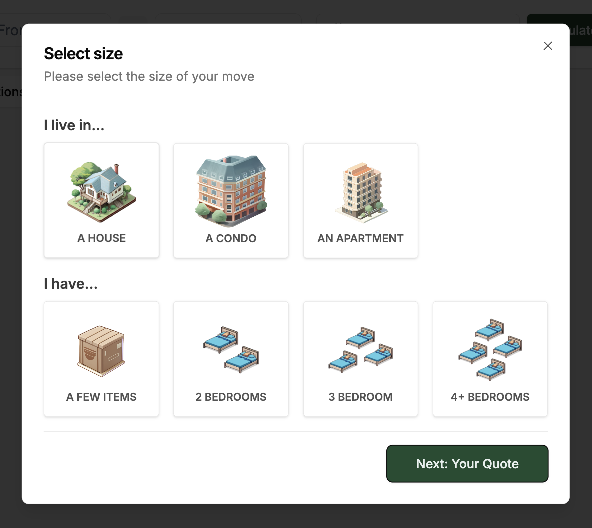 Clients can choose their space type, like a “1 Bedroom Apartment” or “Medium Home,” for an estimated quote.